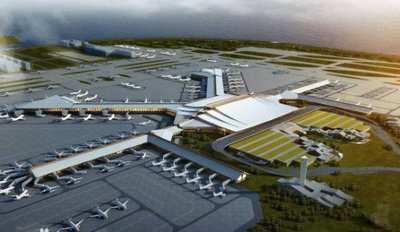 a diverse group of people communicating effortlessly with voice translation technology in a busy airport